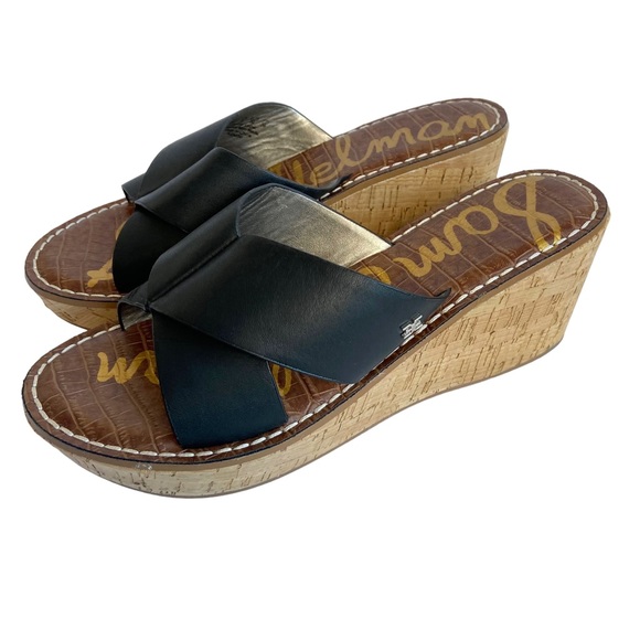 Sam Edelman Remini Black Leather Wedge Sandals Size 9 - Picture 2 of 8